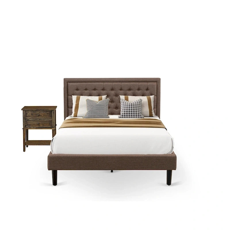 East West Furniture Queen Size Bed Set- Bed Frame Brown Headboard with Small Nightstand - Black Finish Legs((End Table Options)