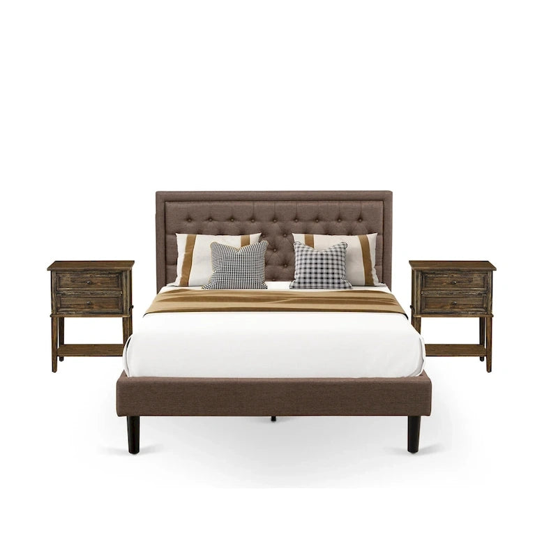 East West Furniture Queen Size Bed Set- Bed Frame Brown Headboard with Small Nightstand - Black Finish Legs((End Table Options)