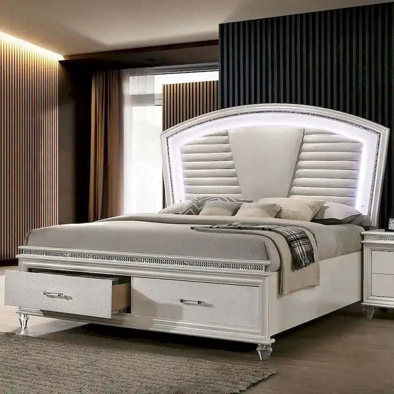 Xian Glam White Solid Wood 3-Piece Platform Bed with Nightstand and Dresser Set with LED by Furniture of America