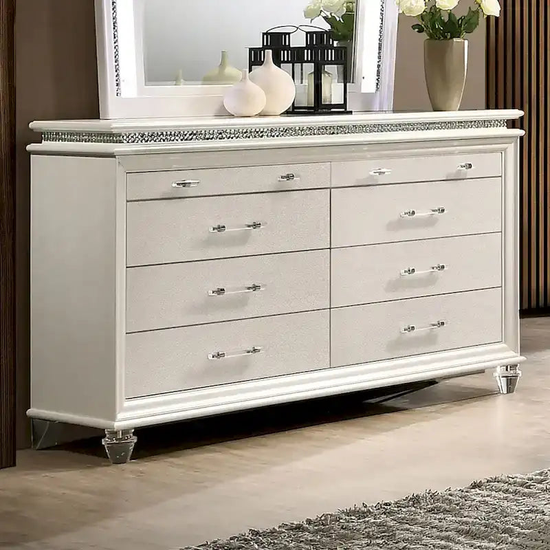 Xian Glam White Solid Wood 3-Piece Platform Bed with Nightstand and Dresser Set with LED by Furniture of America