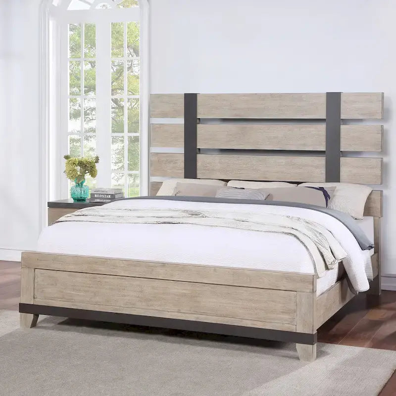 Roundhill Furniture Arbela Wood Slatted Panel Bed with Dresser, Mirror, and Two Nightstands, Weathered Oak Finish