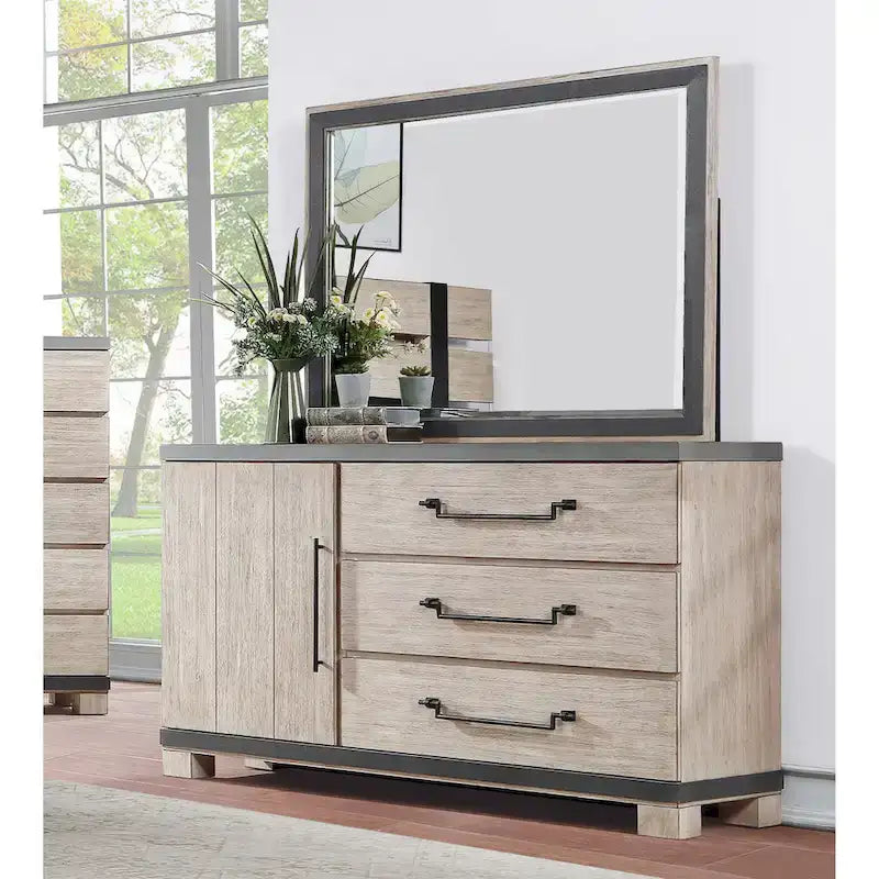 Roundhill Furniture Arbela Wood Slatted Panel Bed with Dresser, Mirror, and Two Nightstands, Weathered Oak Finish