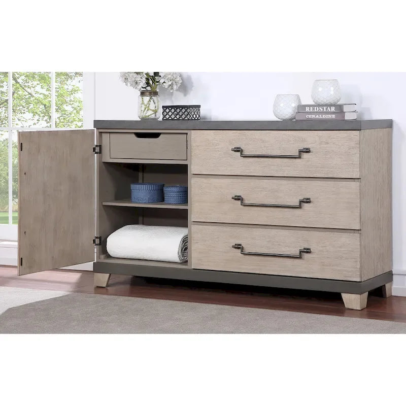 Roundhill Furniture Arbela Wood Slatted Panel Bed with Dresser, Mirror, and Two Nightstands, Weathered Oak Finish
