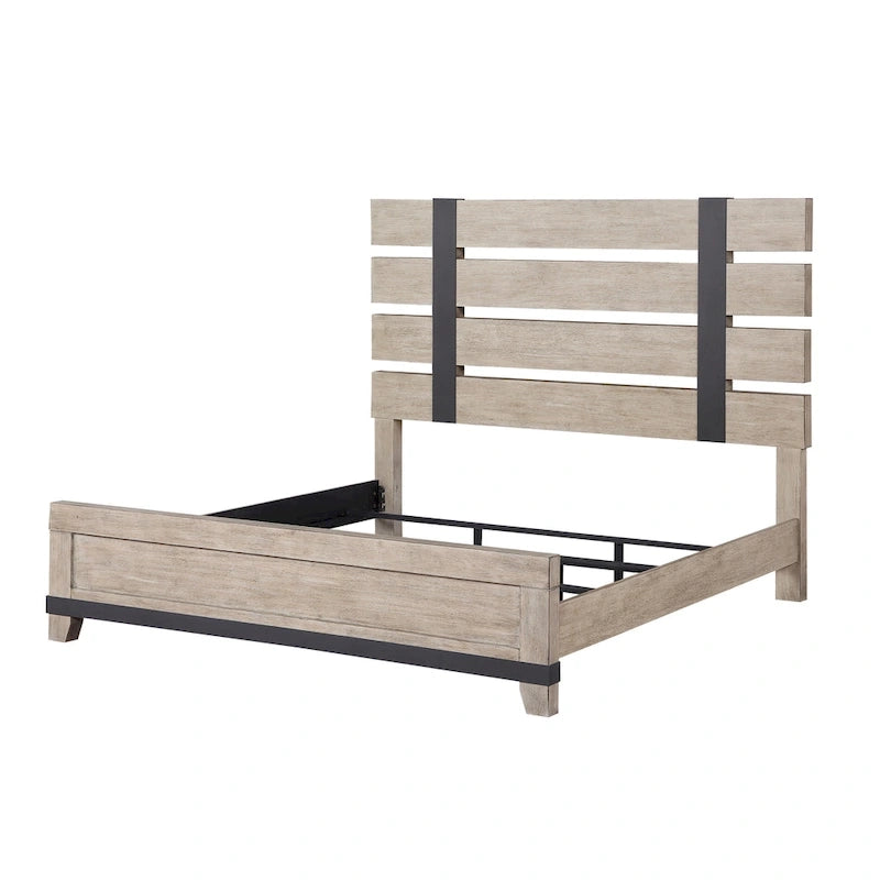 Roundhill Furniture Arbela Wood Slatted Panel Bed with Dresser, Mirror, and Two Nightstands, Weathered Oak Finish
