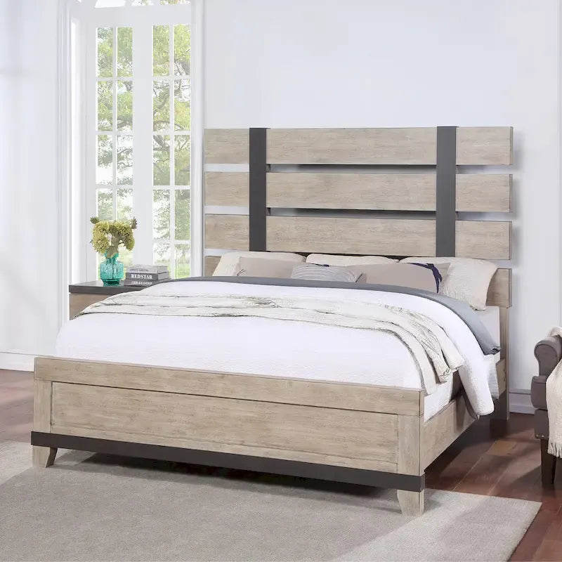 Roundhill Furniture Arbela Wood Slatted Panel Bed with Dresser, Mirror, and Two Nightstands, Weathered Oak Finish