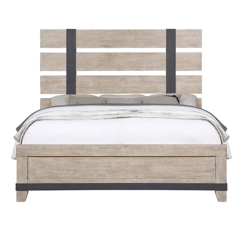 Roundhill Furniture Arbela Wood Slatted Panel Bed with Dresser, Mirror, and Two Nightstands, Weathered Oak Finish