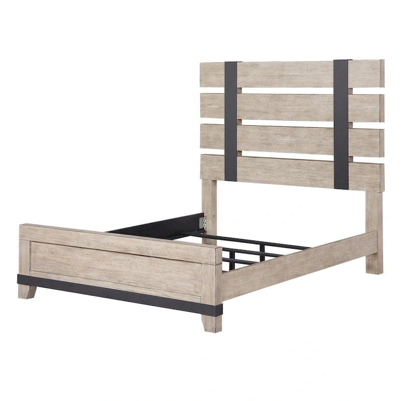 Roundhill Furniture Arbela Wood Slatted Panel Bed with Dresser, Mirror, and Two Nightstands, Weathered Oak Finish