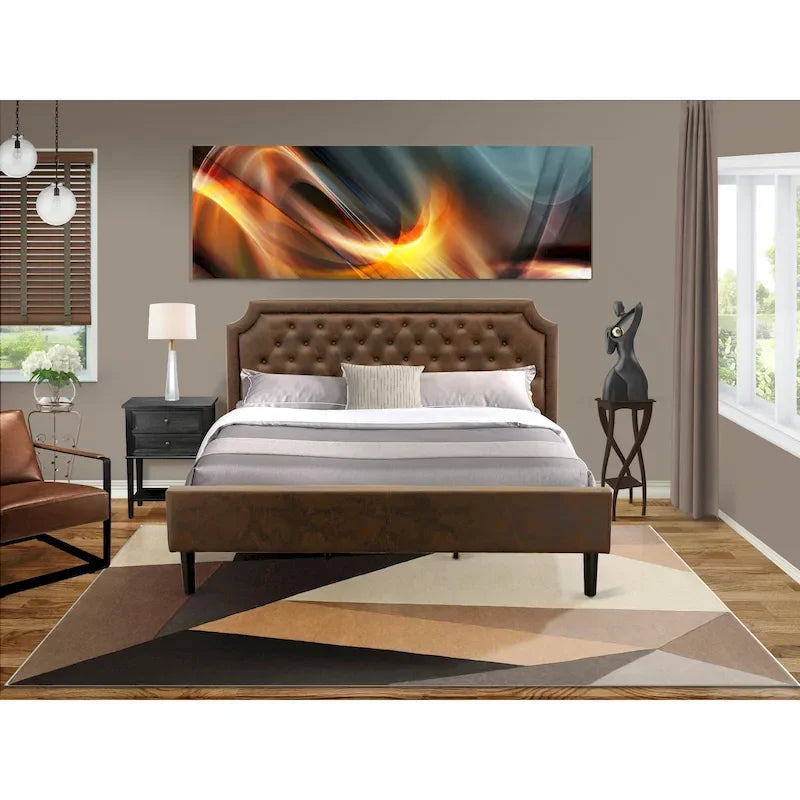 2-Piece King Bedroom set with Bed and Wire Brushed Black End Table - Dark Brown Pu leather and Black Legs (Bed Size Option)