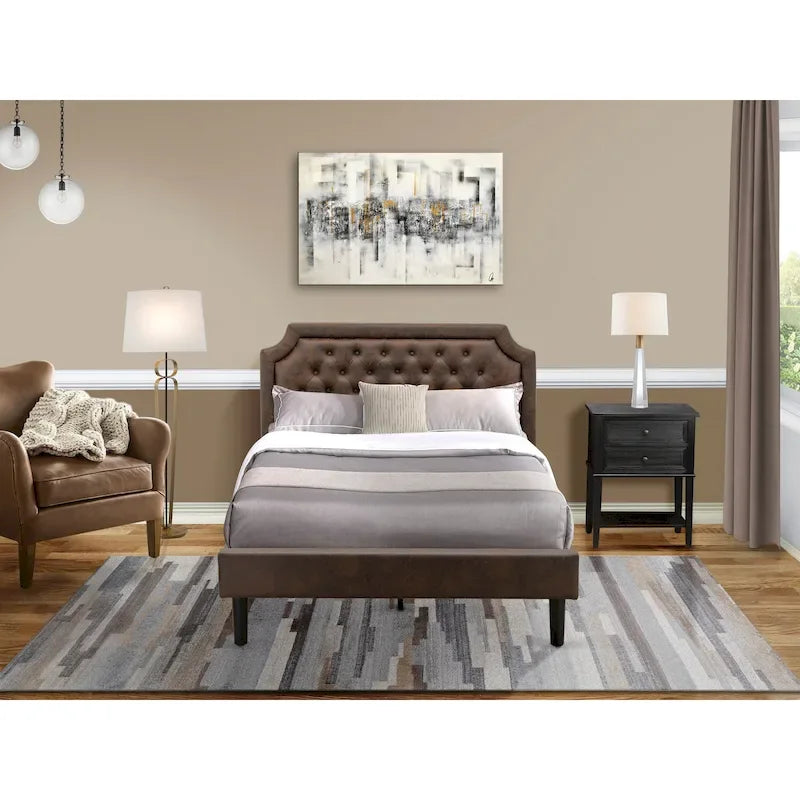 2-Piece King Bedroom set with Bed and Wire Brushed Black End Table - Dark Brown Pu leather and Black Legs (Bed Size Option)