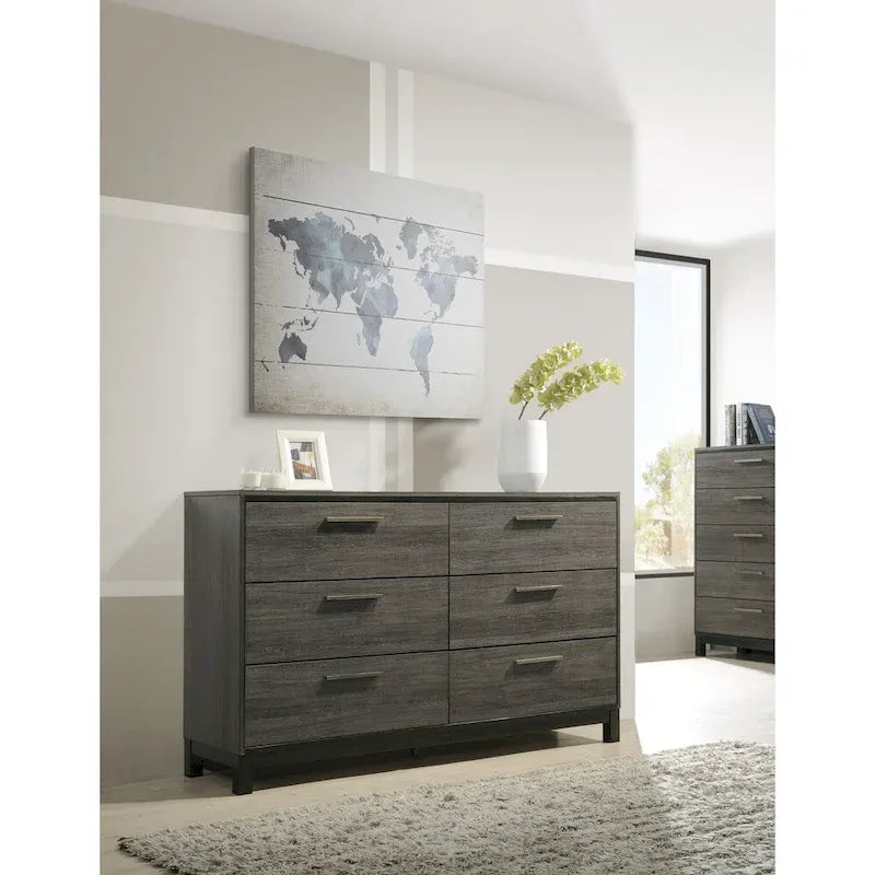 Roundhill Furniture Ioana 187 Antique Grey Finish Wood Bed Room Set, Queen Size Bed, Dresser, Mirror, Night Stand