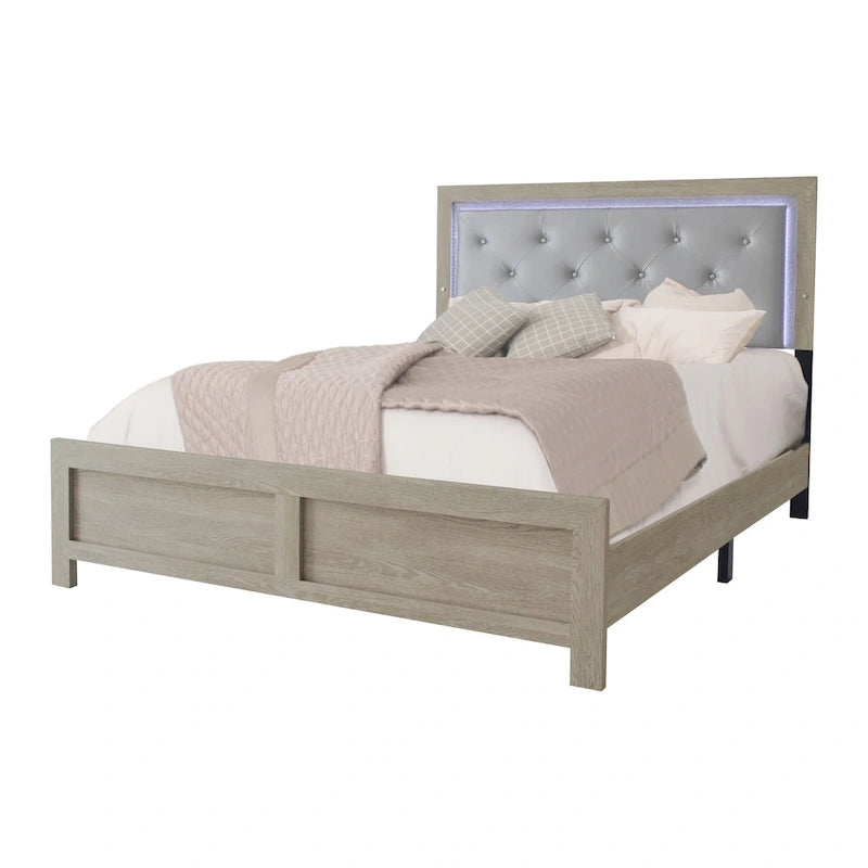 Bernard 4 Piece Cream LED Faux Leather Upholstered Tufted Panel Bedroom Set