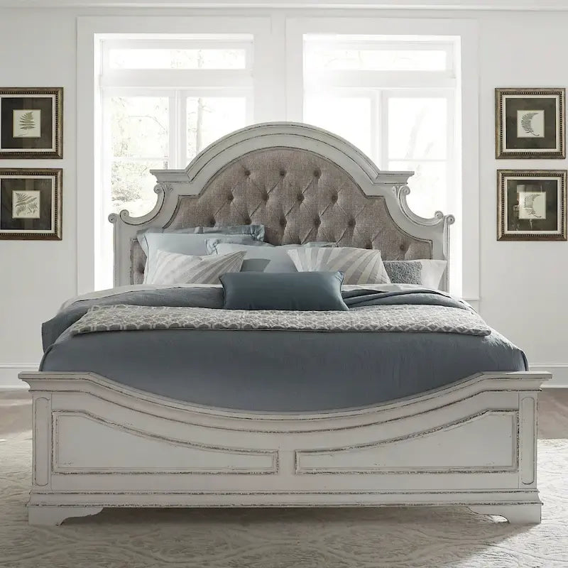 Magnolia Manor Upholstered Bed, Dresser and Mirror, and Nightstand Set