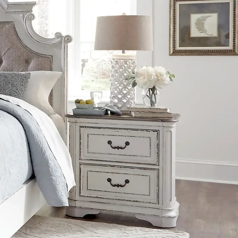 Magnolia Manor Upholstered Bed, Dresser and Mirror, and Nightstand Set