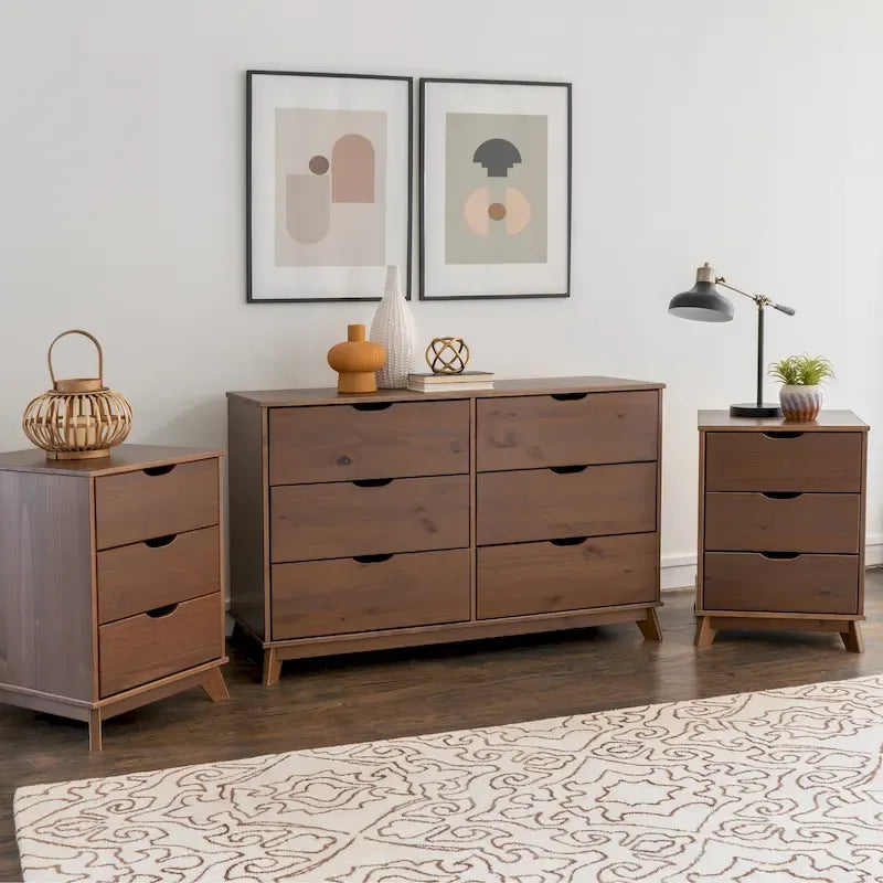 Purcell Pine Wood 3-Piece Bedroom Set with 6-Drawer Dresser and 3-Drawer Nightstands (Set of 2)