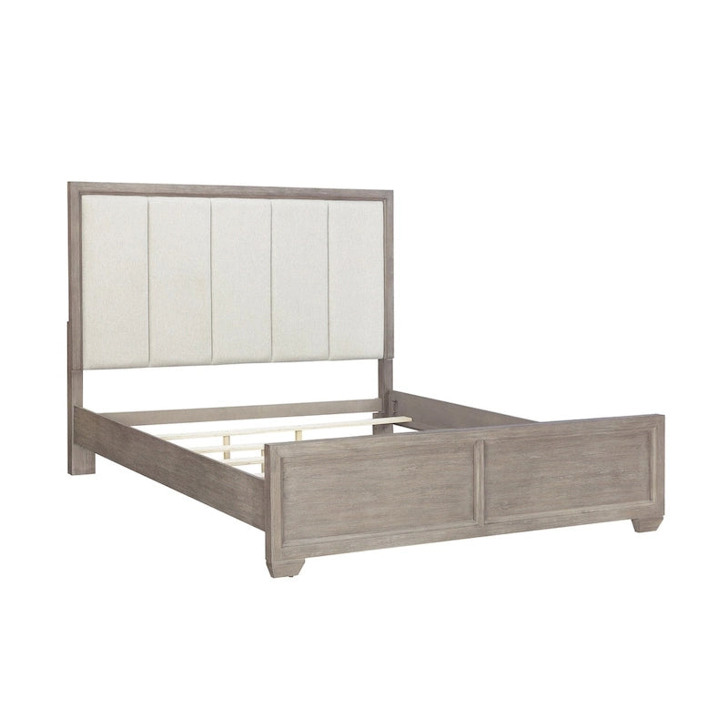 Roundhill Furniture Ennesley Gray Wood Bedroom Set with Upholstered Panel Bed, Dresser, Mirror, 2 Nightstand, and Chest