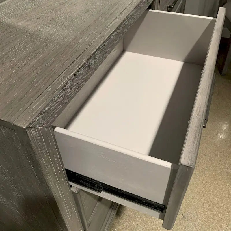 Roundhill Furniture Ennesley Gray Wood Bedroom Set with Upholstered Panel Bed, Dresser, Mirror, 2 Nightstand, and Chest