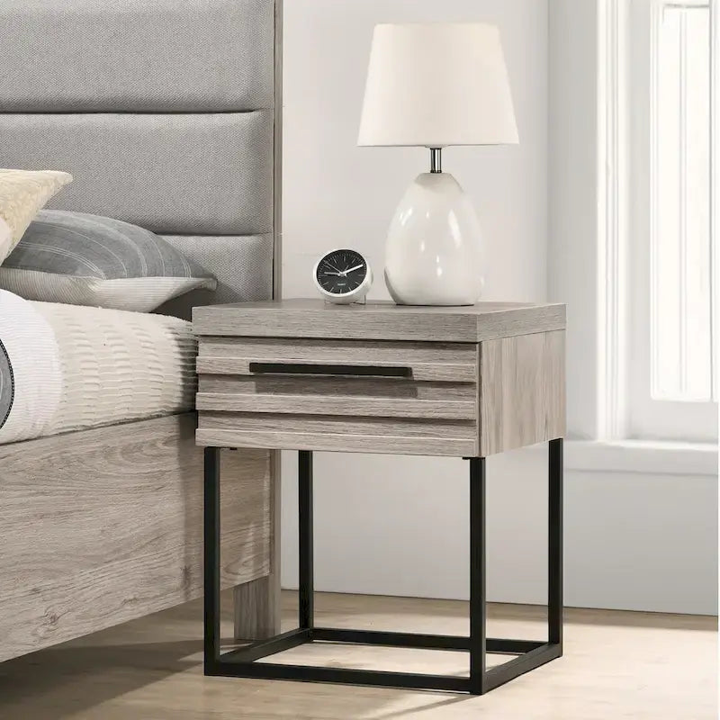 Roundhill Furniture Alvear Upholstered Wood Panel Bed, Dresser, Mirror, and 2 Nightstands, Weathered Gray