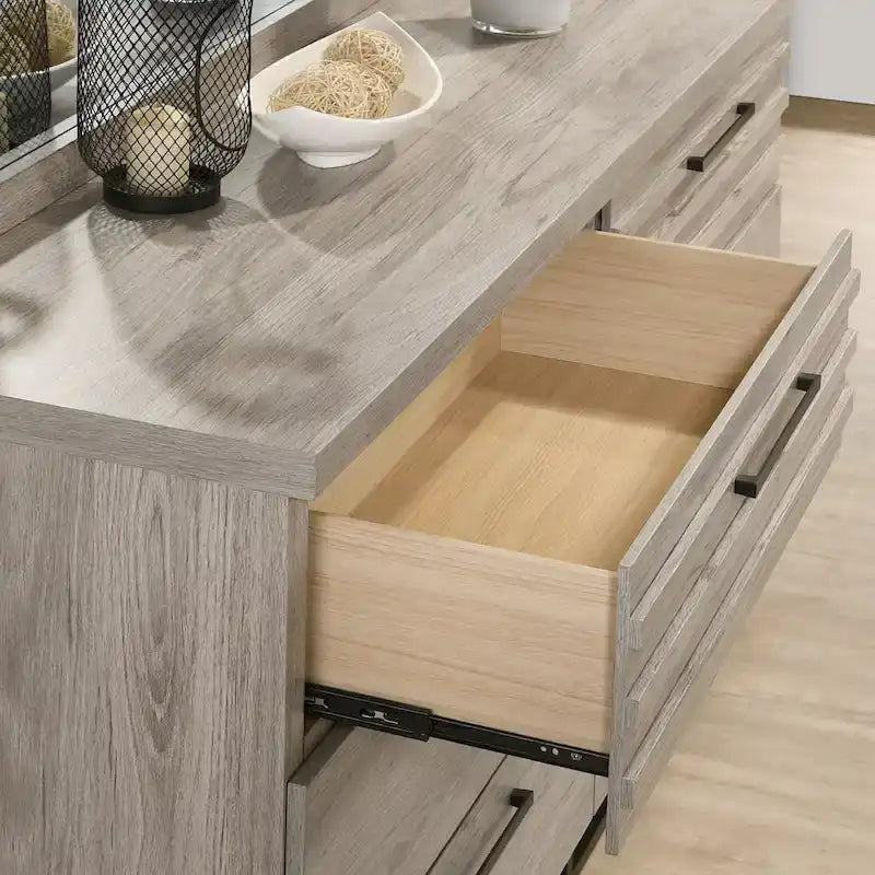 Roundhill Furniture Alvear Upholstered Wood Panel Bed, Dresser, Mirror, and 2 Nightstands, Weathered Gray