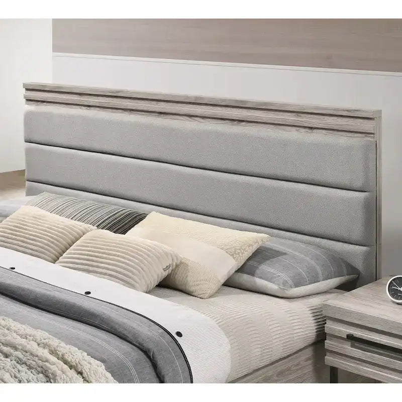Roundhill Furniture Alvear Upholstered Wood Panel Bed, Dresser, Mirror, and 2 Nightstands, Weathered Gray