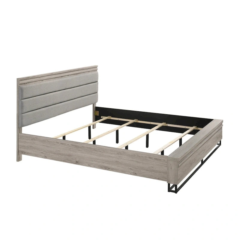Roundhill Furniture Alvear Upholstered Wood Panel Bed, Dresser, Mirror, and 2 Nightstands, Weathered Gray