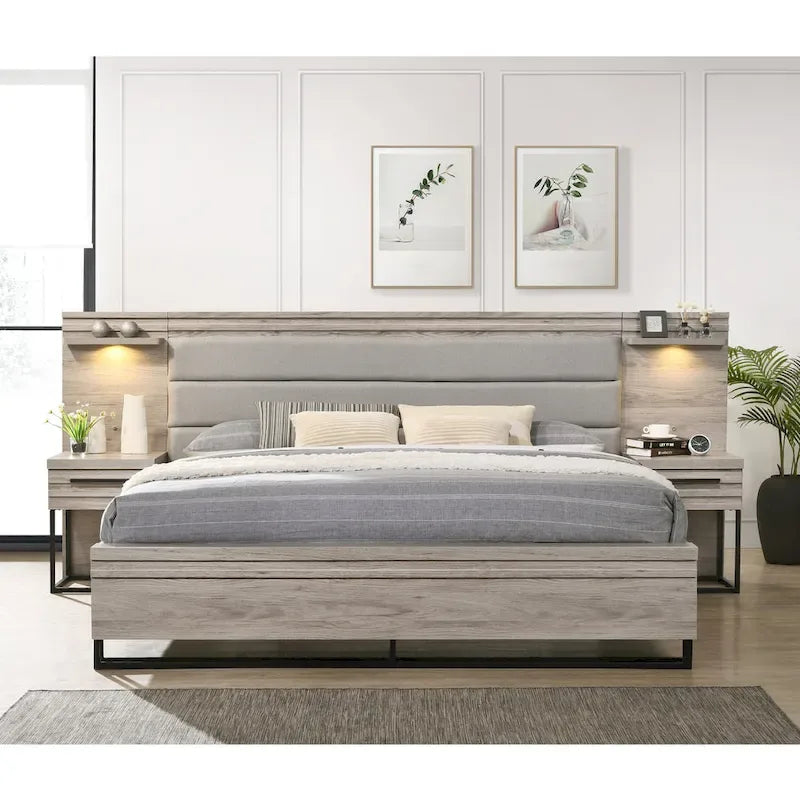 Roundhill Furniture Alvear Wallbed Bed with White LED Lights, Dresser, Mirror, and 2 Nightstands, Weathered Gray
