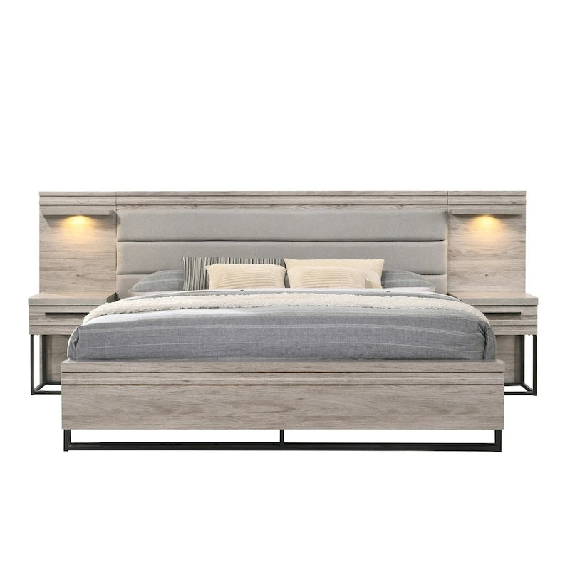 Roundhill Furniture Alvear Wallbed Bed with White LED Lights, Dresser, Mirror, and 2 Nightstands, Weathered Gray