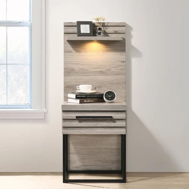 Roundhill Furniture Alvear Wallbed Bed with White LED Lights, Dresser, Mirror, and 2 Nightstands, Weathered Gray