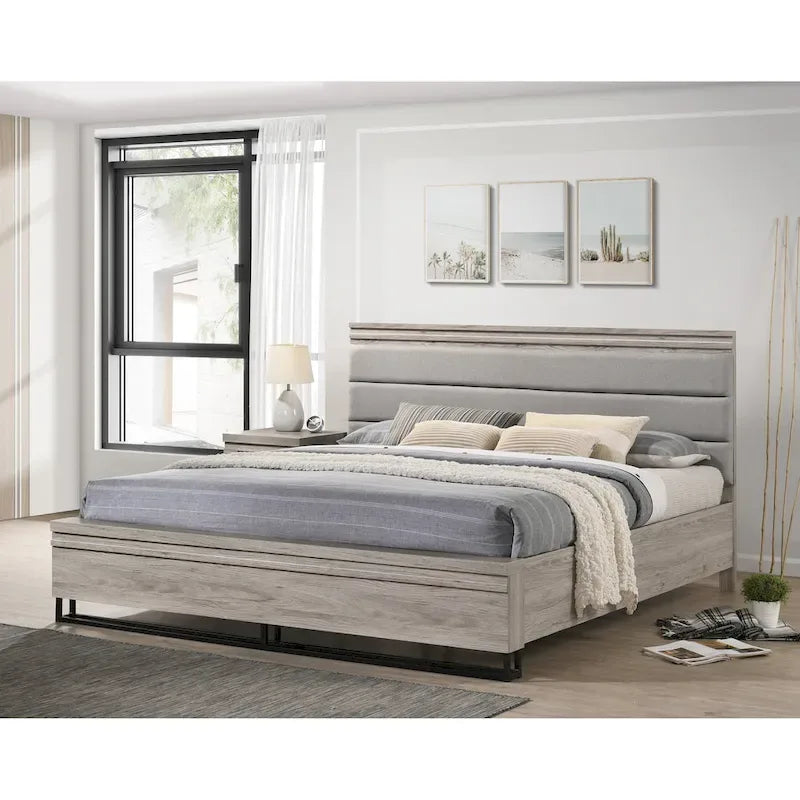 Roundhill Furniture Alvear Wallbed Bed with White LED Lights, Dresser, Mirror, and 2 Nightstands, Weathered Gray