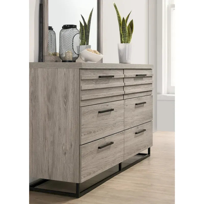 Roundhill Furniture Alvear Wallbed Bed with White LED Lights, Dresser, Mirror, and 2 Nightstands, Weathered Gray