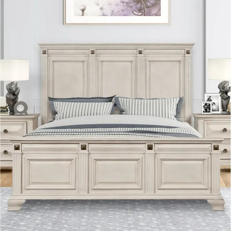 Roundhill Furniture Renova Distressed Parchment Wood Bedroom Set with Panel Bed, Dresser, Mirror, Nightstand, Chest