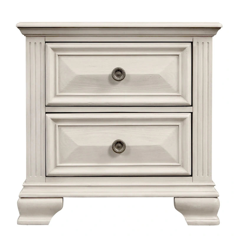 Roundhill Furniture Renova Distressed Parchment Wood Bedroom Set with Panel Bed, Dresser, Mirror, Nightstand, Chest