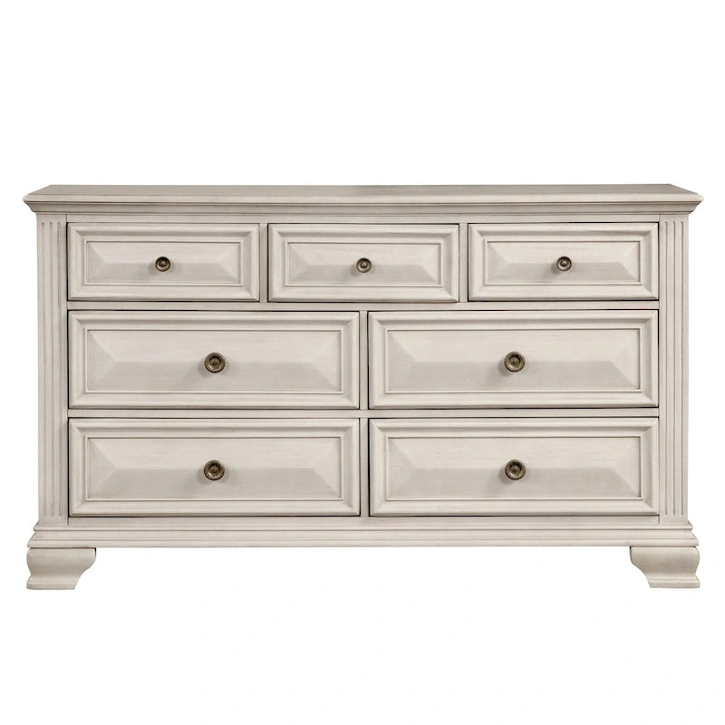 Roundhill Furniture Renova Distressed Parchment Wood Bedroom Set with Panel Bed, Dresser, Mirror, Nightstand, Chest