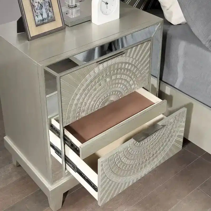 Luela Glam Champagne Wood 3-piece Panel Bed and Nightstands Set with USB Port by Furniture of America