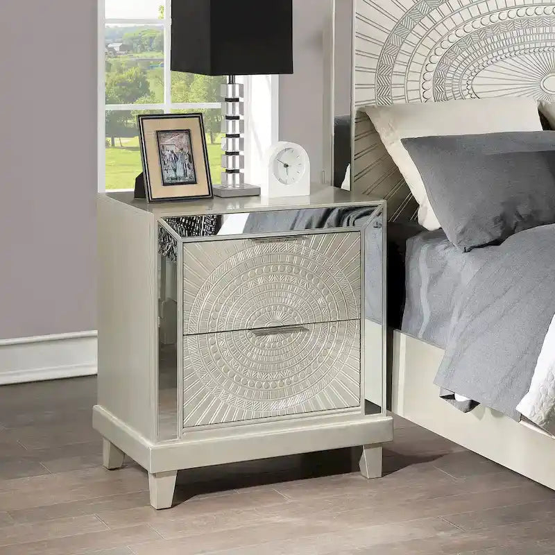 Luela Glam Champagne Wood 3-piece Panel Bed and Nightstands Set with USB Port by Furniture of America