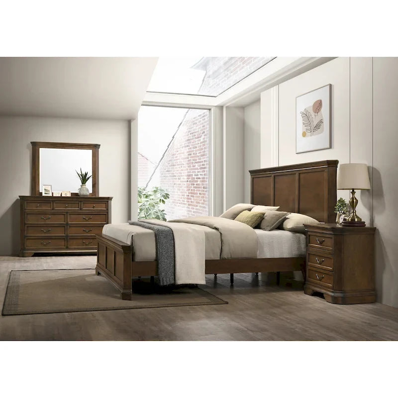 Roundhill Furniture Maderne Traditional Wood Panel Bed with Dresser, Mirror, Nightstand, Chest, Antique Walnut Finish