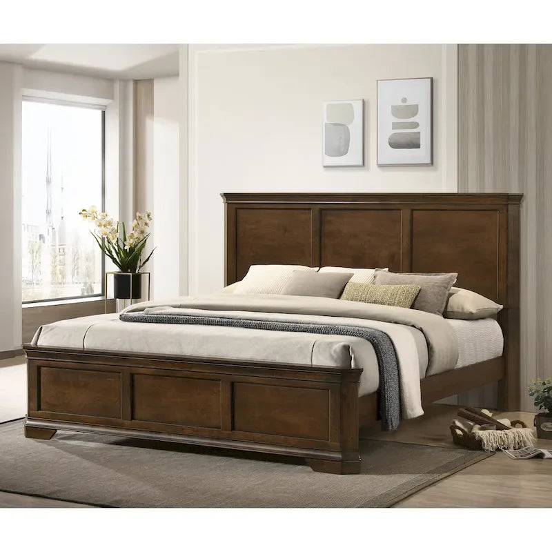 Roundhill Furniture Maderne Traditional Wood Panel Bed with Dresser, Mirror, Nightstand, Chest, Antique Walnut Finish