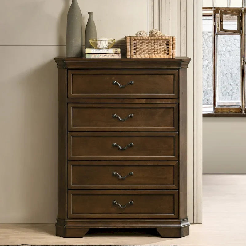Roundhill Furniture Maderne Traditional Wood Panel Bed with Dresser, Mirror, Nightstand, Chest, Antique Walnut Finish