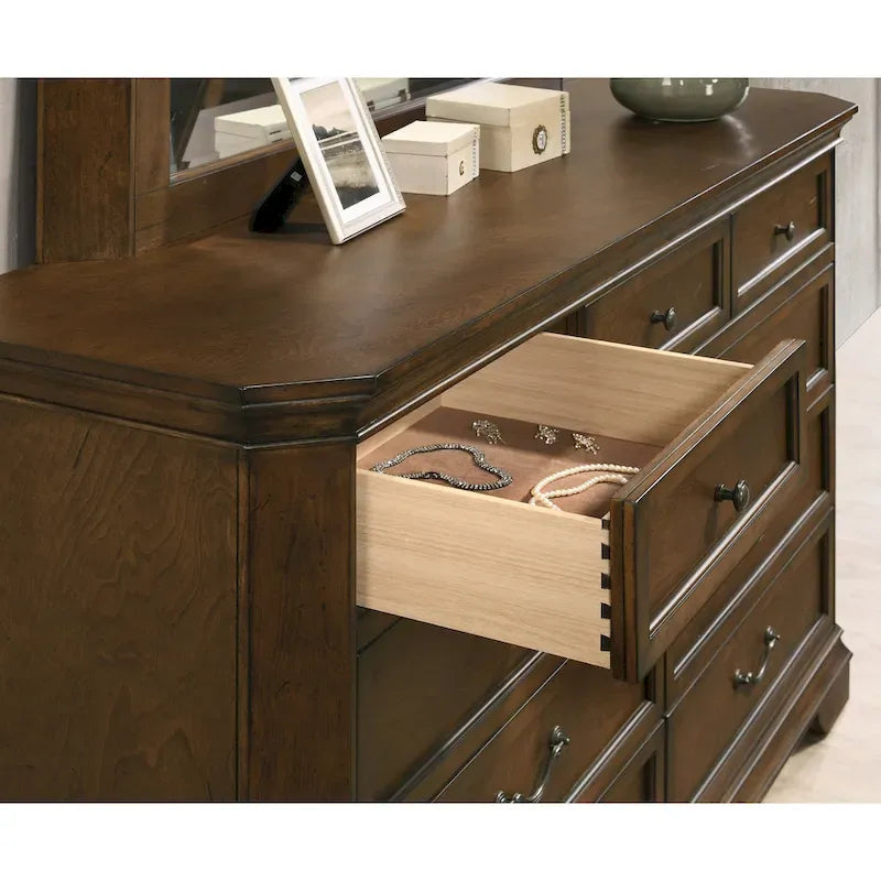 Roundhill Furniture Maderne Traditional Wood Panel Bed with Dresser, Mirror, Nightstand, Chest, Antique Walnut Finish