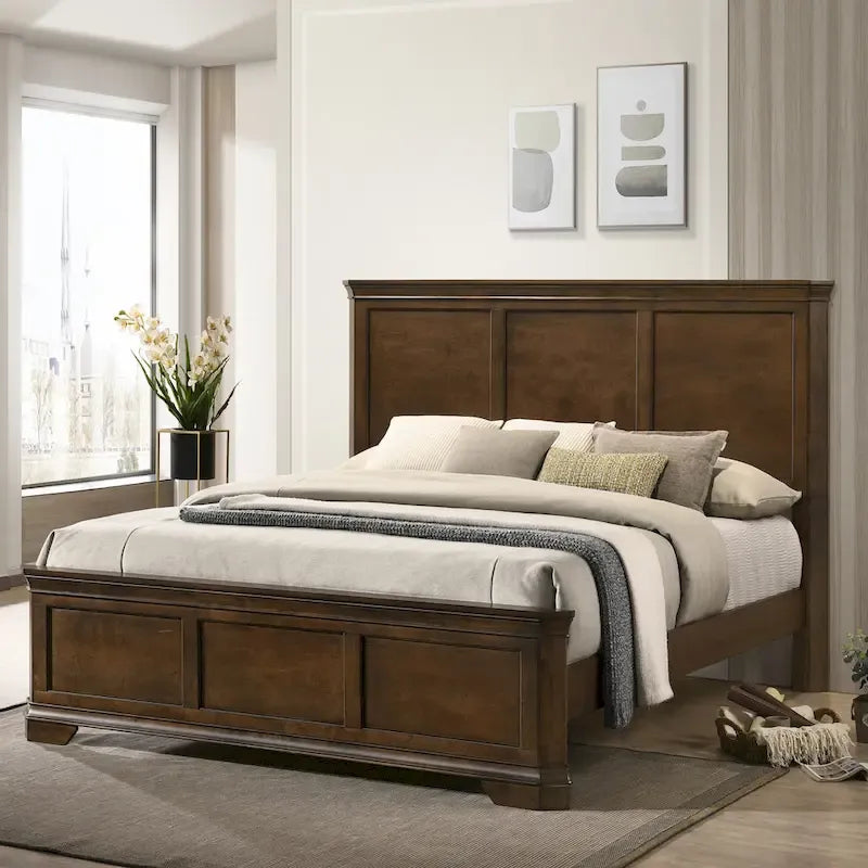 Roundhill Furniture Maderne Traditional Wood Panel Bed with Dresser, Mirror, Nightstand, Chest, Antique Walnut Finish