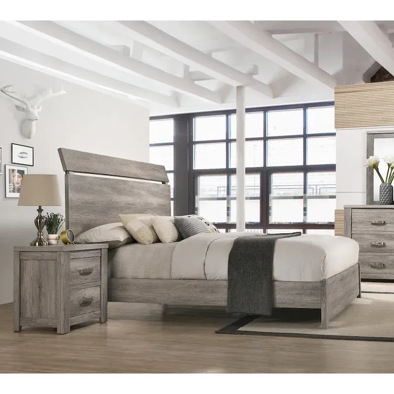 Roundhill Furniture Floren Contemporary Weathered Gray Wood 3-Piece Bedroom Set, Panel Bed with 2 Nightstands