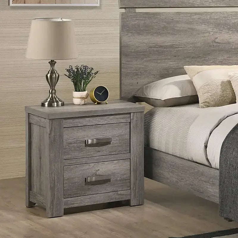 Roundhill Furniture Floren Contemporary Weathered Gray Wood 3-Piece Bedroom Set, Panel Bed with 2 Nightstands