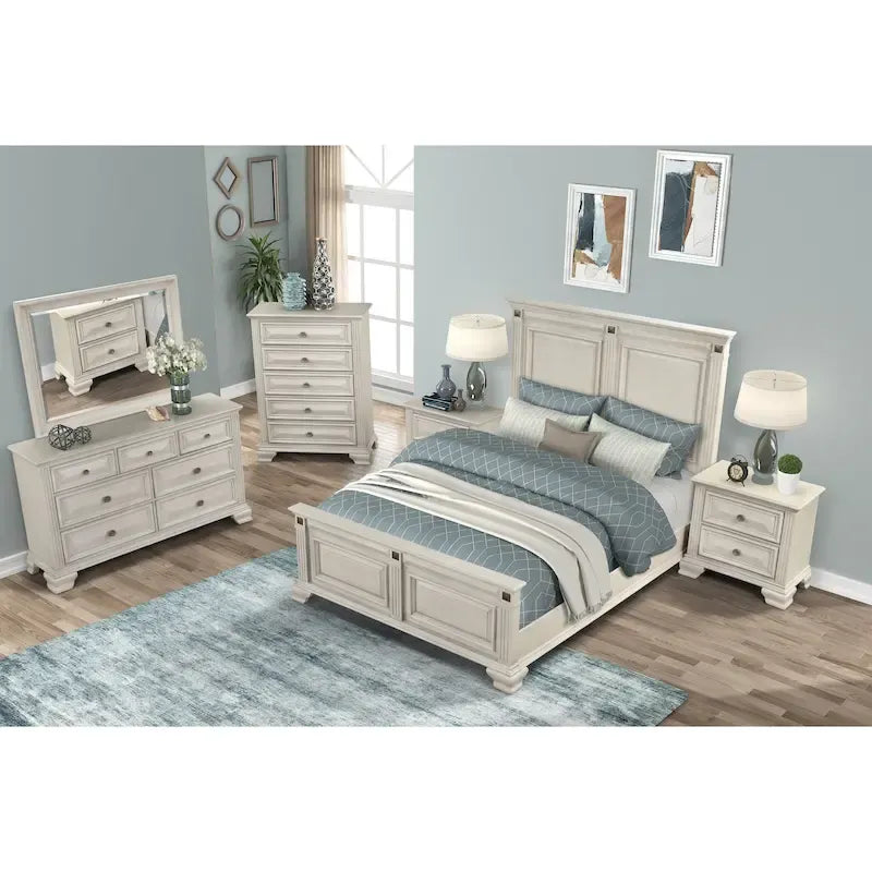 Roundhill Furniture Renova Distressed Parchment Wood Bedroom Set