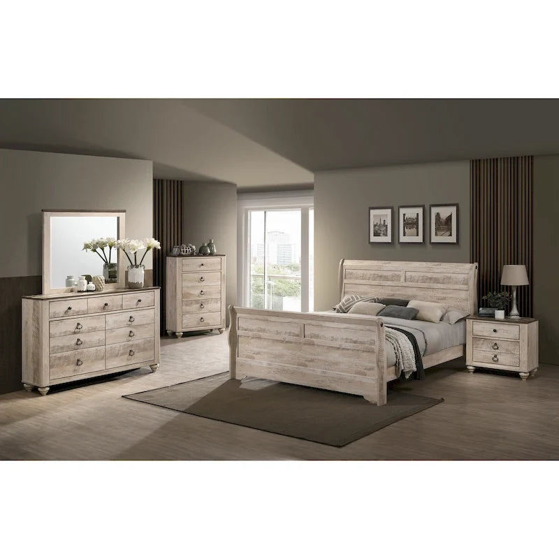 Roundhill Furniture Imerland Contemporary White Wash Finish Bedroom Set with Sleigh Bed, Dresser, Mirror, Two Nightstands, Chest