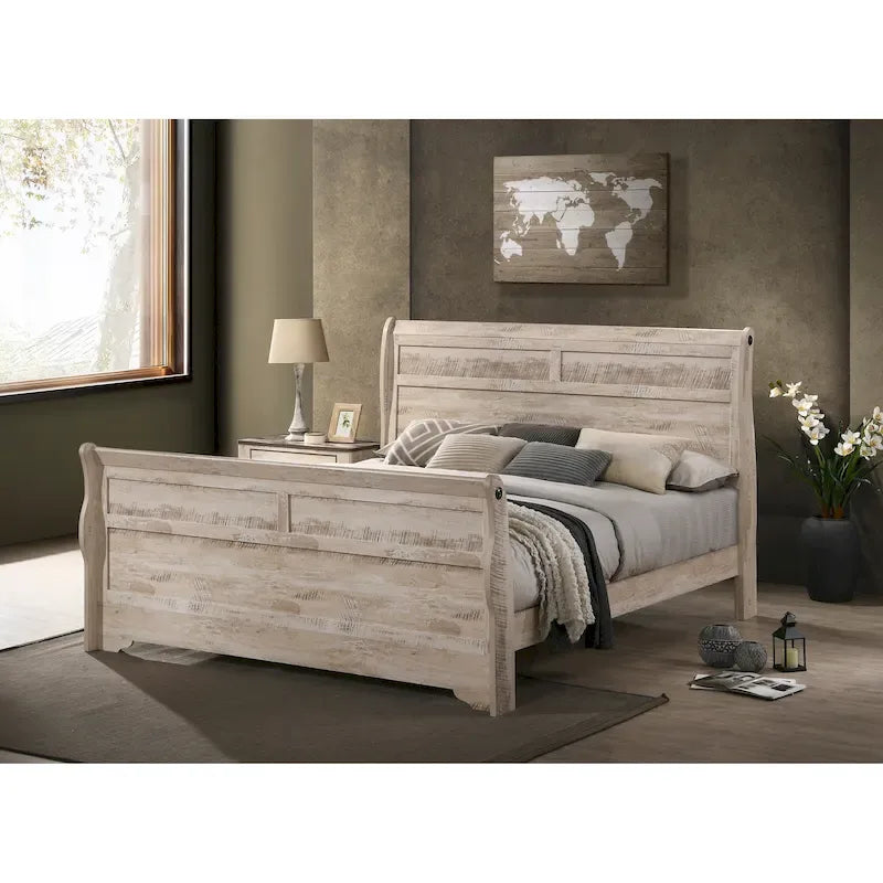 Roundhill Furniture Imerland Contemporary White Wash Finish Bedroom Set with Sleigh Bed, Dresser, Mirror, Two Nightstands, Chest