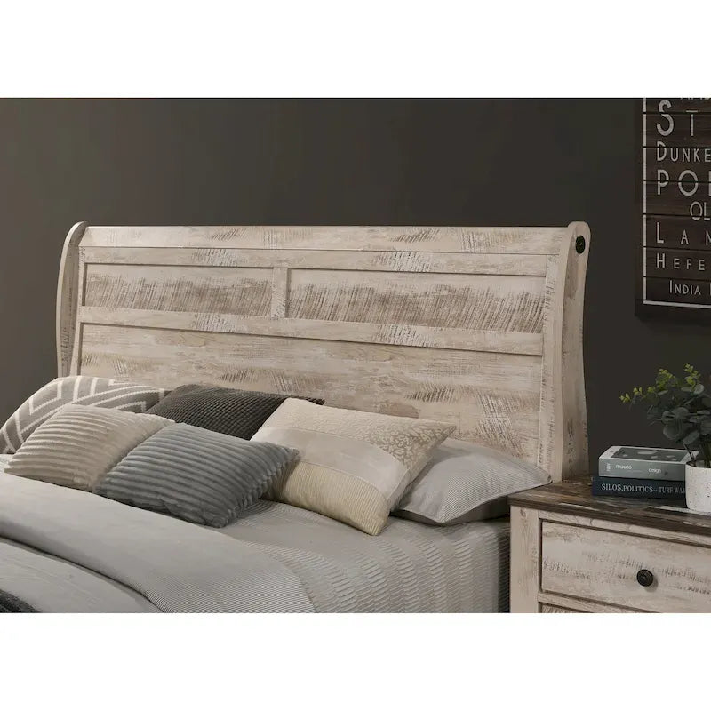Roundhill Furniture Imerland Contemporary White Wash Finish Bedroom Set with Sleigh Bed, Dresser, Mirror, Two Nightstands, Chest