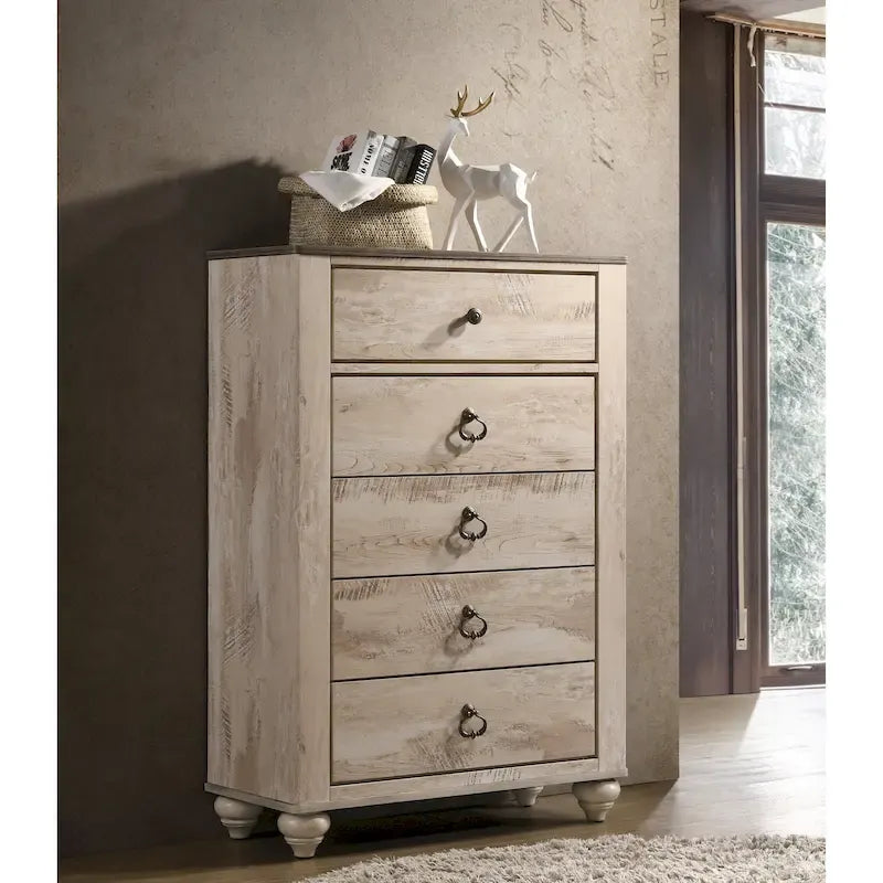 Roundhill Furniture Imerland Contemporary White Wash Finish Bedroom Set with Sleigh Bed, Dresser, Mirror, Two Nightstands, Chest