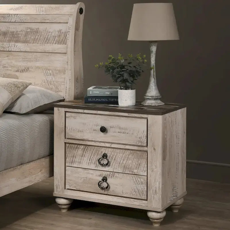 Roundhill Furniture Imerland Contemporary White Wash Finish Bedroom Set with Sleigh Bed, Dresser, Mirror, Two Nightstands, Chest