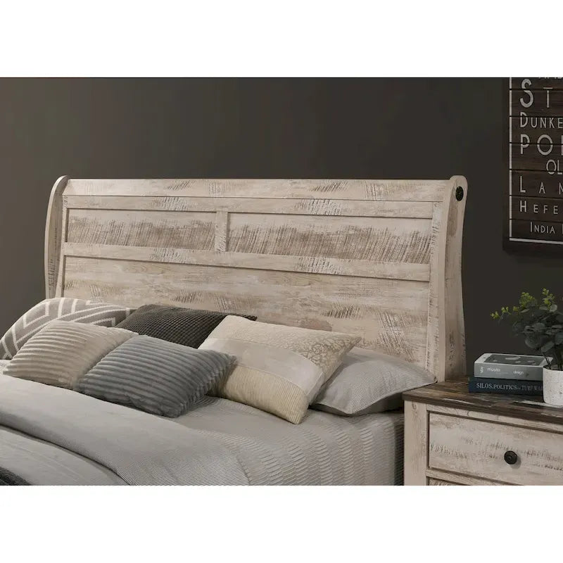 Roundhill Furniture Imerland Contemporary White Wash Finish Bedroom Set with Sleigh Bed, Dresser, Mirror, Two Nightstands