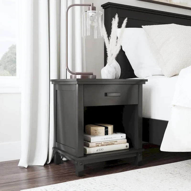 Oak Park 2 Piece Black Wood Queen Bed and Nightstand Set by Homestyles