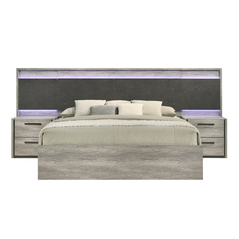 Roundhill Furniture Lenca LED Wallbed with Nightstands, Dresser, Mirror, and Chest - Weathered Gray